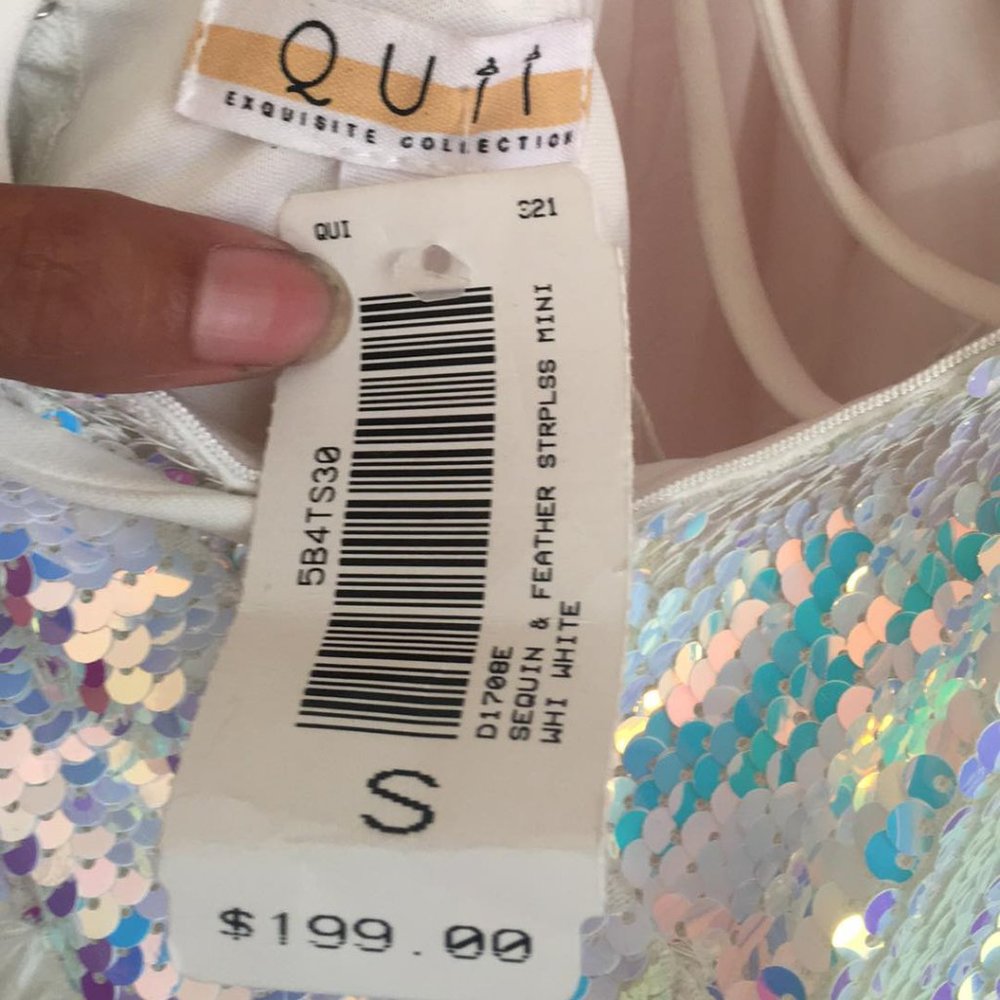 Faux feather/sequin strapless mini dress. (Quii exquisite collection)